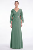 Sage Chiffon V Neck Mother of the Bride Dress with Cape Sleeevs