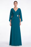 Sage Chiffon V Neck Mother of the Bride Dress with Cape Sleeevs