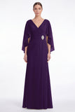 Sage Chiffon V Neck Mother of the Bride Dress with Cape Sleeevs