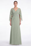 Sage Chiffon V Neck Mother of the Bride Dress with Cape Sleeevs