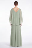 Sage Chiffon V Neck Mother of the Bride Dress with Cape Sleeevs