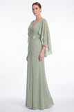Sage Chiffon V Neck Mother of the Bride Dress with Cape Sleeevs
