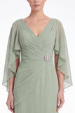 Sage Chiffon V Neck Mother of the Bride Dress with Cape Sleeevs