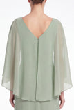 Sage Chiffon V Neck Mother of the Bride Dress with Cape Sleeevs