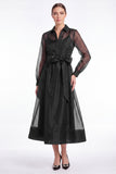 Dark Navy A Line Sheer Long Sleeve Organza Mother of the Bride Dress