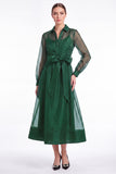 Dark Navy A Line Sheer Long Sleeve Organza Mother of the Bride Dress