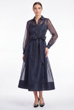 Dark Navy A Line Sheer Long Sleeve Organza Mother of the Bride Dress