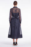 Dark Navy A Line Sheer Long Sleeve Organza Mother of the Bride Dress