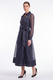 Dark Navy A Line Sheer Long Sleeve Organza Mother of the Bride Dress