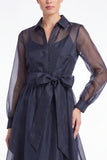 Dark Navy A Line Sheer Long Sleeve Organza Mother of the Bride Dress