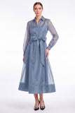 Dark Navy A Line Sheer Long Sleeve Organza Mother of the Bride Dress