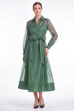 Dark Navy A Line Sheer Long Sleeve Organza Mother of the Bride Dress