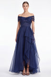 Off the Shoulder Dark Navy A Line Ruffled Mother of the Bride Dress