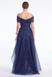 Off the Shoulder Dark Navy A Line Ruffled Mother of the Bride Dress