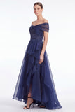 Off the Shoulder Dark Navy A Line Ruffled Mother of the Bride Dress