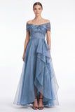 Off the Shoulder Dark Navy A Line Ruffled Mother of the Bride Dress