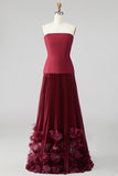 Strapless Burgundy Pleated 3D Petal A Line Formal Dress with Lace-up Back