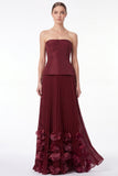Strapless Burgundy Pleated 3D Petal A Line Formal Dress with Lace-up Back