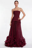 Strapless Burgundy Pleated 3D Petal A Line Formal Dress with Lace-up Back