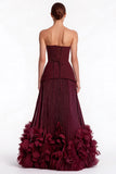 Strapless Burgundy Pleated 3D Petal A Line Formal Dress with Lace-up Back