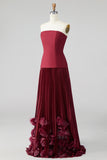 Strapless Burgundy Pleated 3D Petal A Line Formal Dress with Lace-up Back