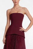 Strapless Burgundy Pleated 3D Petal A Line Formal Dress with Lace-up Back