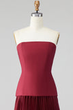 Strapless Burgundy Pleated 3D Petal A Line Formal Dress with Lace-up Back