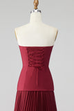 Strapless Burgundy Pleated 3D Petal A Line Formal Dress with Lace-up Back