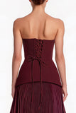 Strapless Burgundy Pleated 3D Petal A Line Formal Dress with Lace-up Back