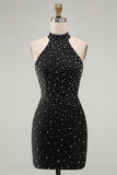 Black Halter Pearl Beaded Bodycon Homecoming Dress