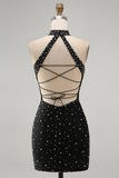 Black Halter Pearl Beaded Bodycon Homecoming Dress