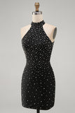 Black Halter Pearl Beaded Bodycon Homecoming Dress