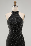 Black Halter Pearl Beaded Bodycon Homecoming Dress