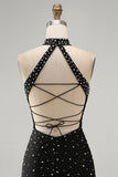 Black Halter Pearl Beaded Bodycon Homecoming Dress