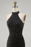 Black Halter Pearl Beaded Bodycon Homecoming Dress