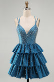 Dark Blue Pearl Beaded Tiered A Line Homecoming Dress with Lace-up Back