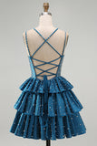 Dark Blue Pearl Beaded Tiered A Line Homecoming Dress with Lace-up Back
