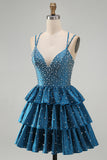 Dark Blue Pearl Beaded Tiered A Line Homecoming Dress with Lace-up Back