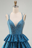 Dark Blue Pearl Beaded Tiered A Line Homecoming Dress with Lace-up Back