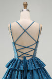 Dark Blue Pearl Beaded Tiered A Line Homecoming Dress with Lace-up Back