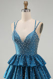 Dark Blue Pearl Beaded Tiered A Line Homecoming Dress with Lace-up Back