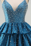 Dark Blue Pearl Beaded Tiered A Line Homecoming Dress with Lace-up Back