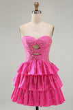 Strapless Fuchsia A Line Tiered Cut Out Beaded Pearl Homecoming Dress