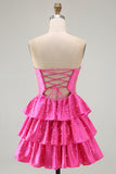 Strapless Fuchsia A Line Tiered Cut Out Beaded Pearl Homecoming Dress