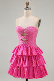 Strapless Fuchsia A Line Tiered Cut Out Beaded Pearl Homecoming Dress