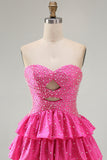 Strapless Fuchsia A Line Tiered Cut Out Beaded Pearl Homecoming Dress