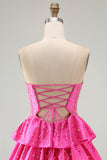Strapless Fuchsia A Line Tiered Cut Out Beaded Pearl Homecoming Dress