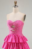 Strapless Fuchsia A Line Tiered Cut Out Beaded Pearl Homecoming Dress