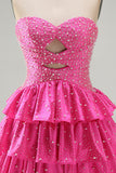 Strapless Fuchsia A Line Tiered Cut Out Beaded Pearl Homecoming Dress