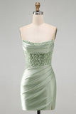 Strapless Dusty Green Satin Beaded Bodycon Homecoming Dress